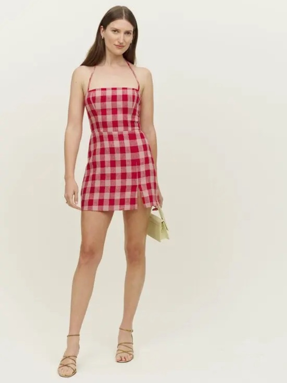 NEW Reformation Linda Linen Halter Mini Dress Conda Check Size 4